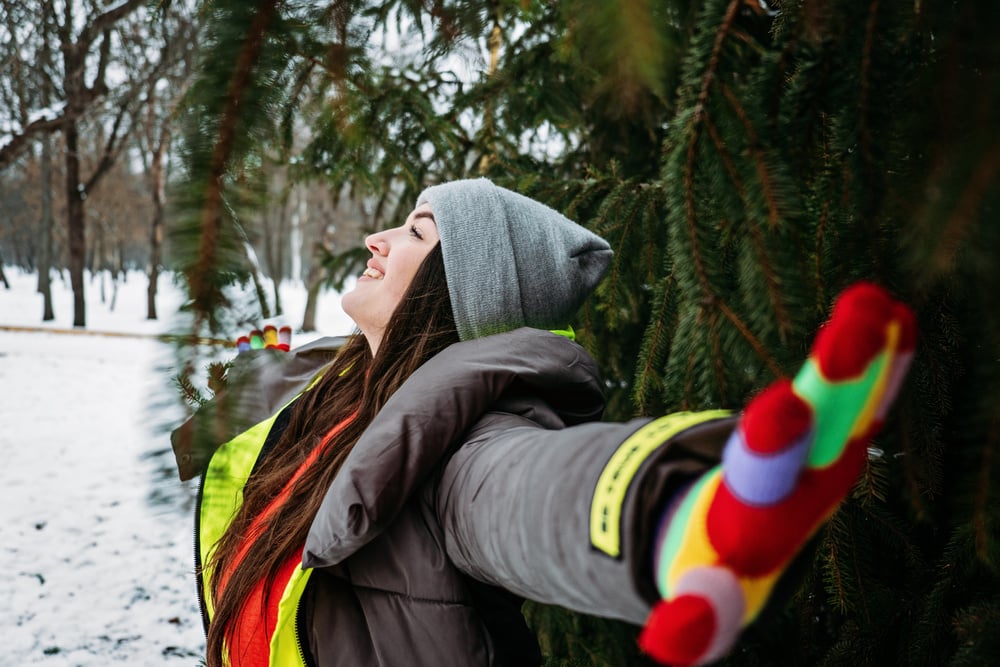 Mind Mental Health Winter, Seasonal Affective Disorder SAD during Winter Months. Alone Girl Relaxing and Enjoying Life in Winter Park, Forest